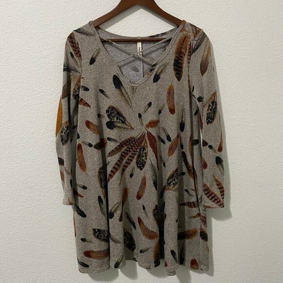 Lilypad Dresses & Skirts - Lilypad Feather Print Swing Dress S Criss Cross Neck A-Line Mini